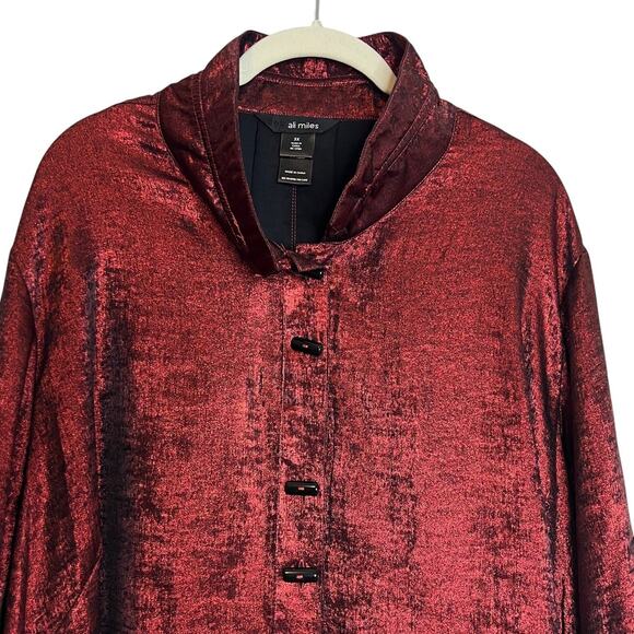 Ali Miles Tunic Top 2X Red Shiny Asymmetric Black Toggle Buttons Artsy Lagenlook - Picture 2 of 8